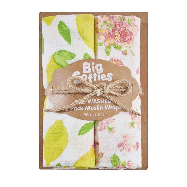 Big Softies Pre-Washed 2 pack Muslin Wraps - Floral - Aussie Baby